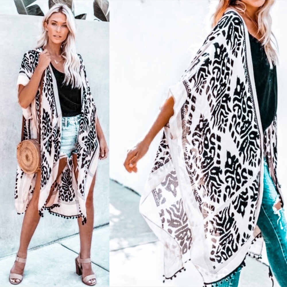 Boho Black Print Kimono, Pom Pom Trim - Picture 1 of 5